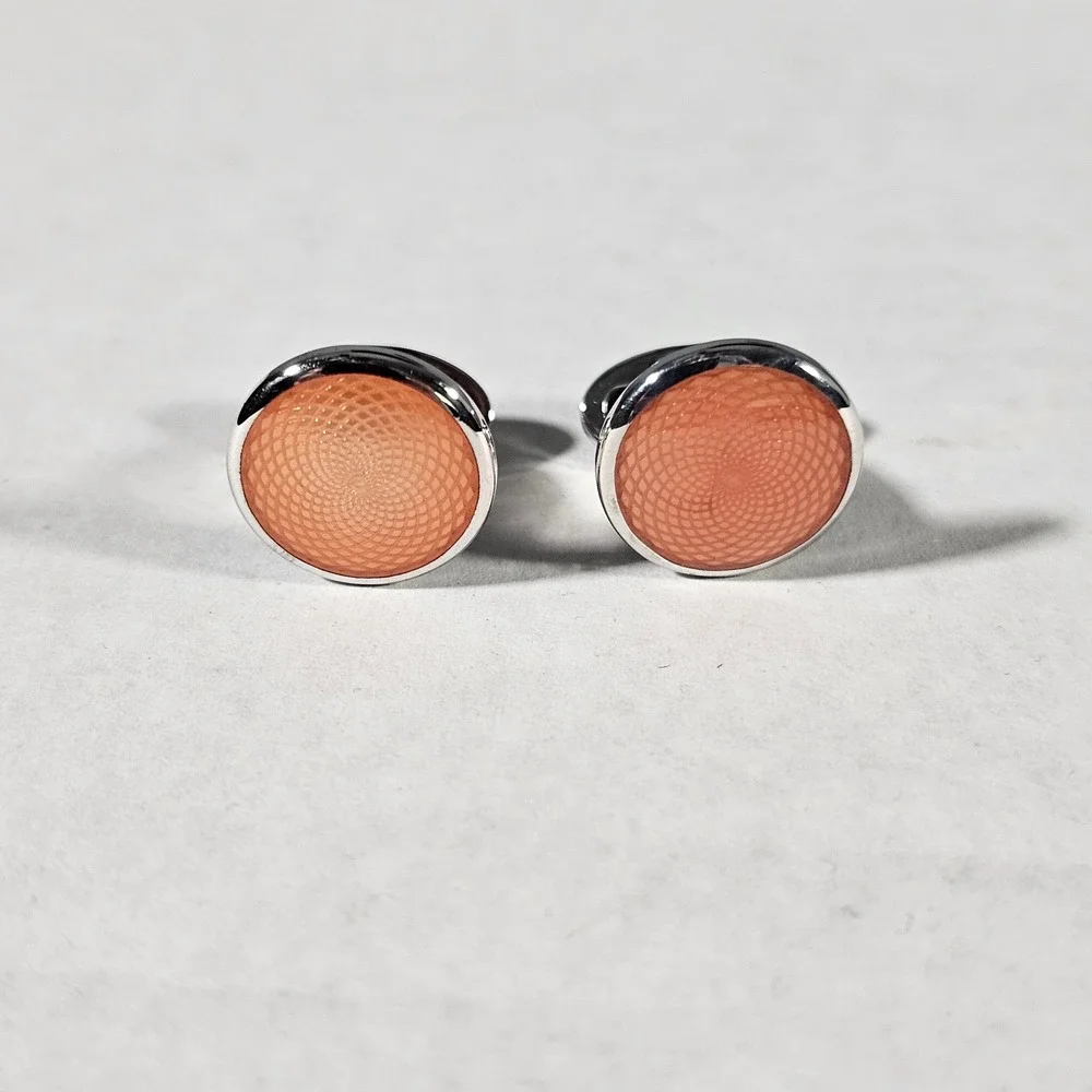 Jan Leslie‎ Cufflinks Mens OS Orange Sterling Silver 925 Guilloche Enamel Round